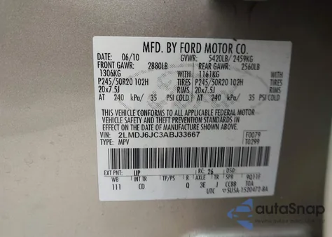 2010 Lincoln Mkx z USA, uszkodzony, nr VIN 2LMDJ6JC3ABJ33667